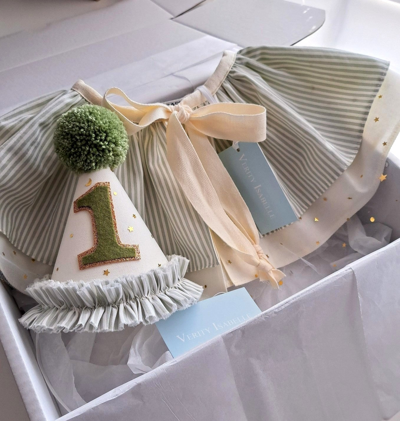 Green Stripe Birthday Hat and Cape Set Handmade Keepsake for 1st, 2nd or 3rd Birthday