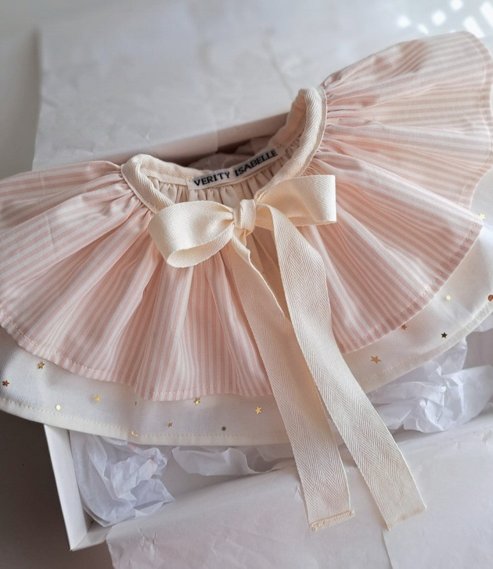 Heirloom pink stripe cotton cape with delicate gold star tulle overlay