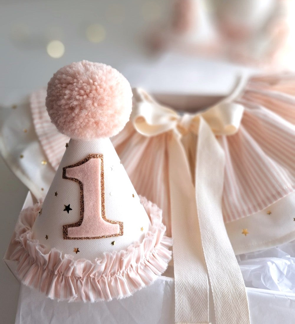 Heirloom pink stripe cotton cape with delicate gold star tulle overlay