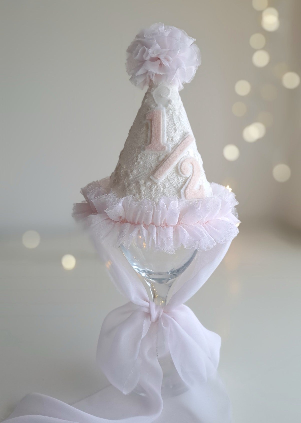 Rosalie White Lace Party Hat with Pink Trim & Flowing Chiffon Ties