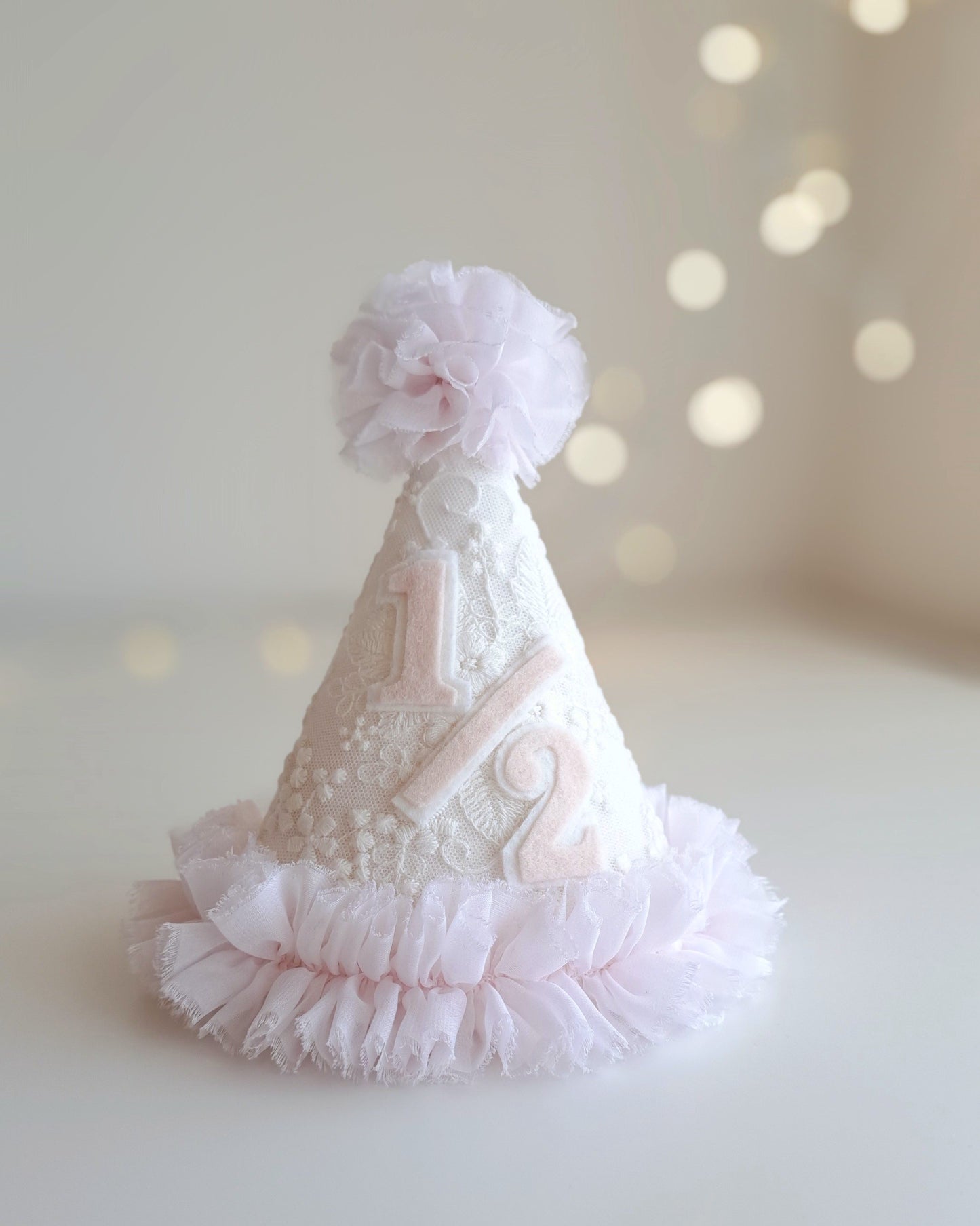 Rosalie White Lace Party Hat with Pink Trim & Flowing Chiffon Ties