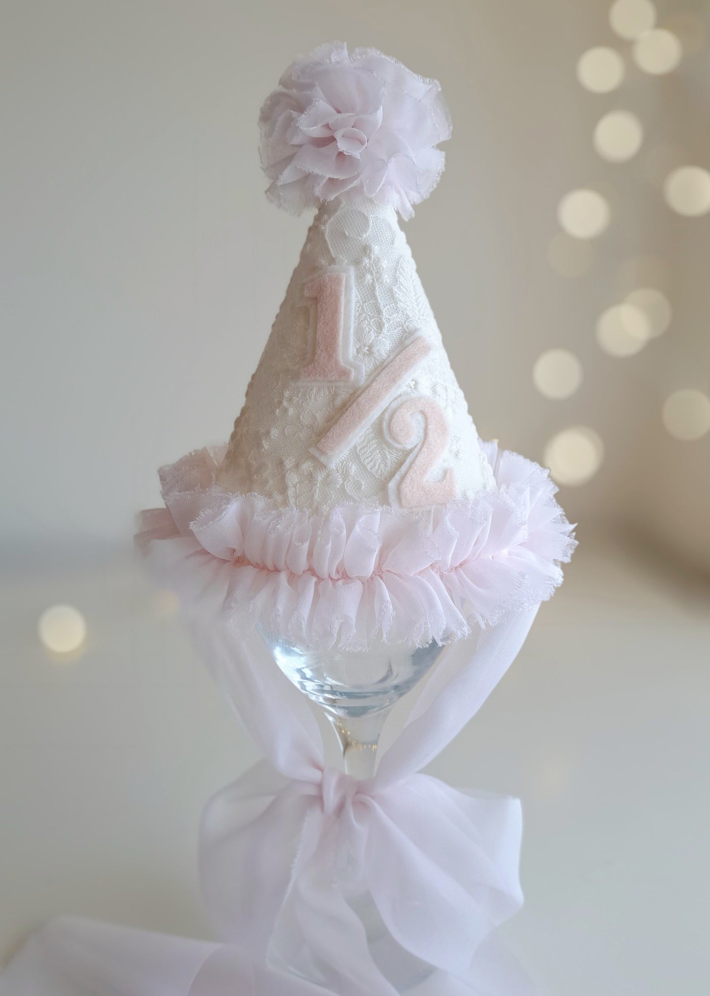 Rosalie White Lace Party Hat with Pink Trim & Flowing Chiffon Ties