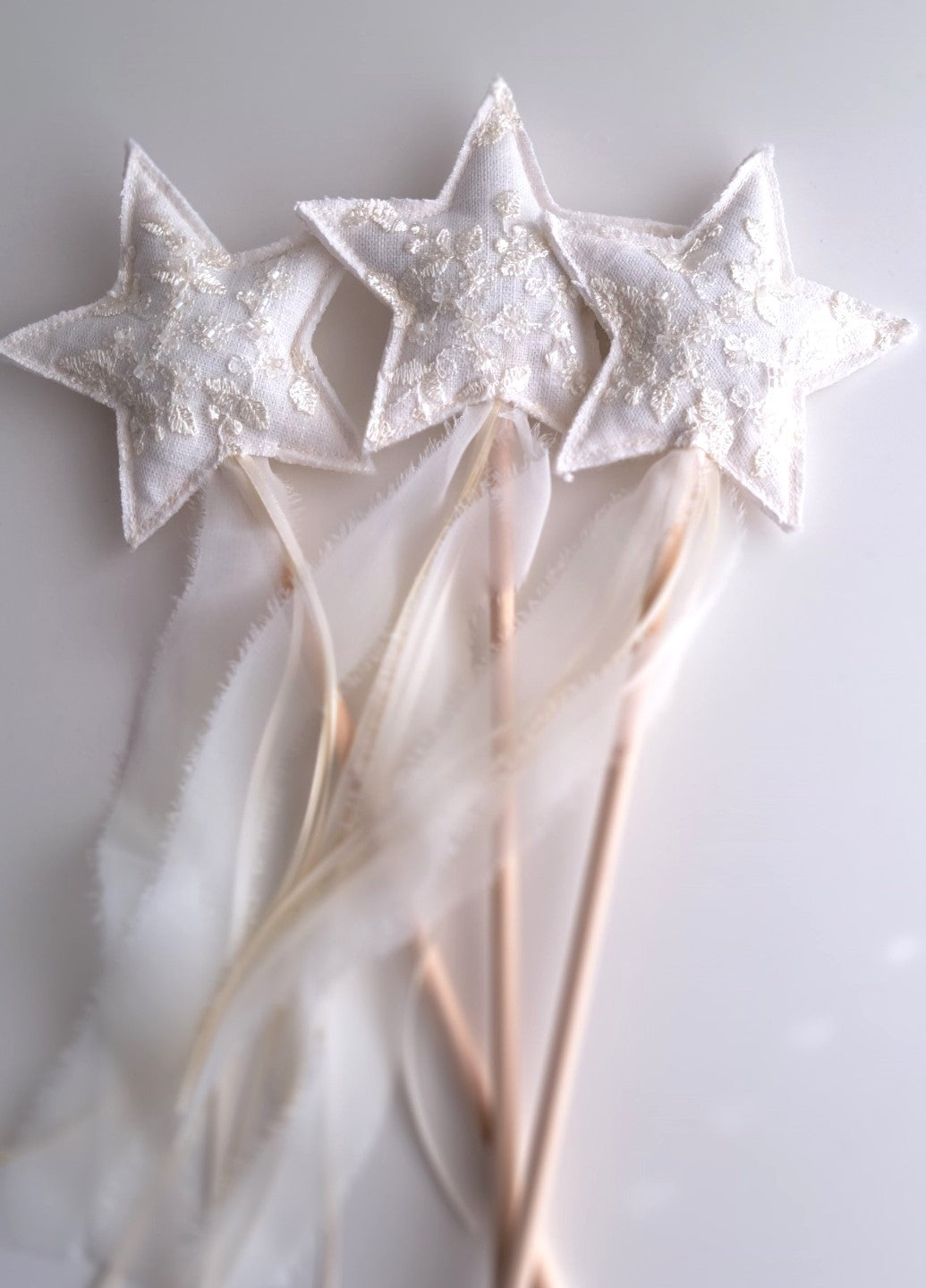 Set of three Celeste beaded lace star wands in ivory, handmade with beaded lace stars, wooden handles and soft tulle ribbons