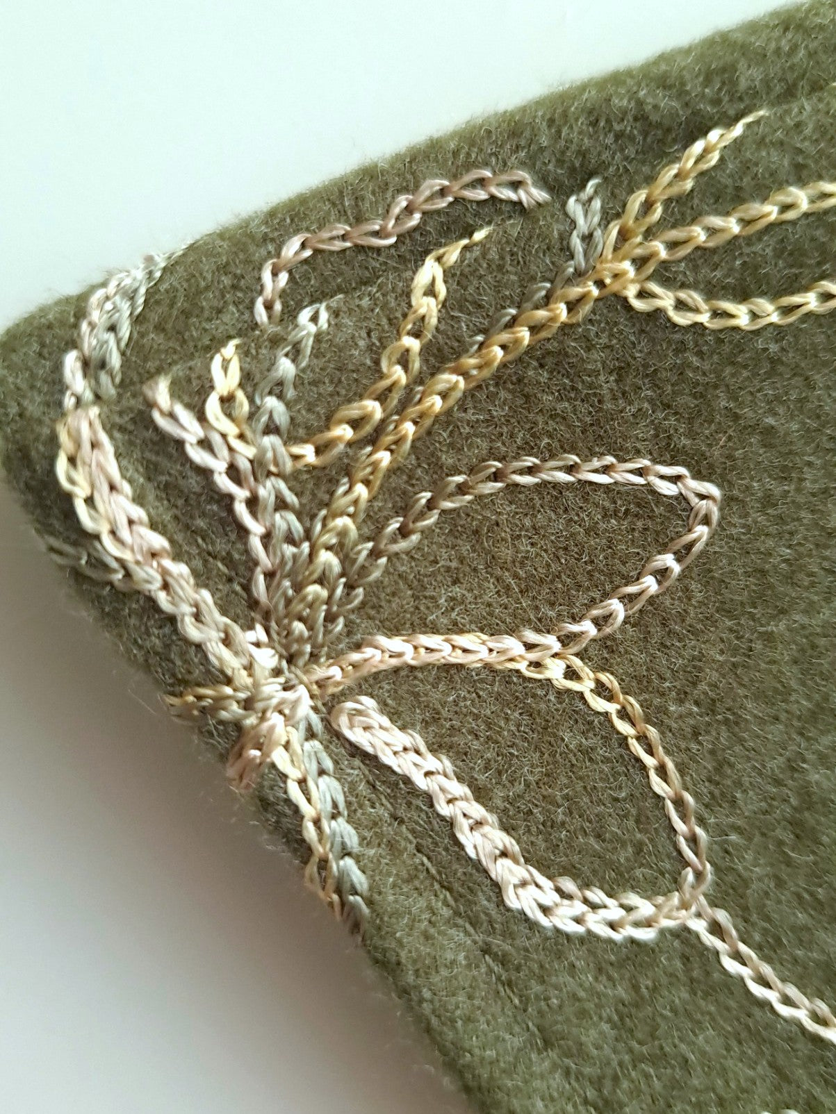 Woodland-inspired fabric with floral chain-stitched embroidery