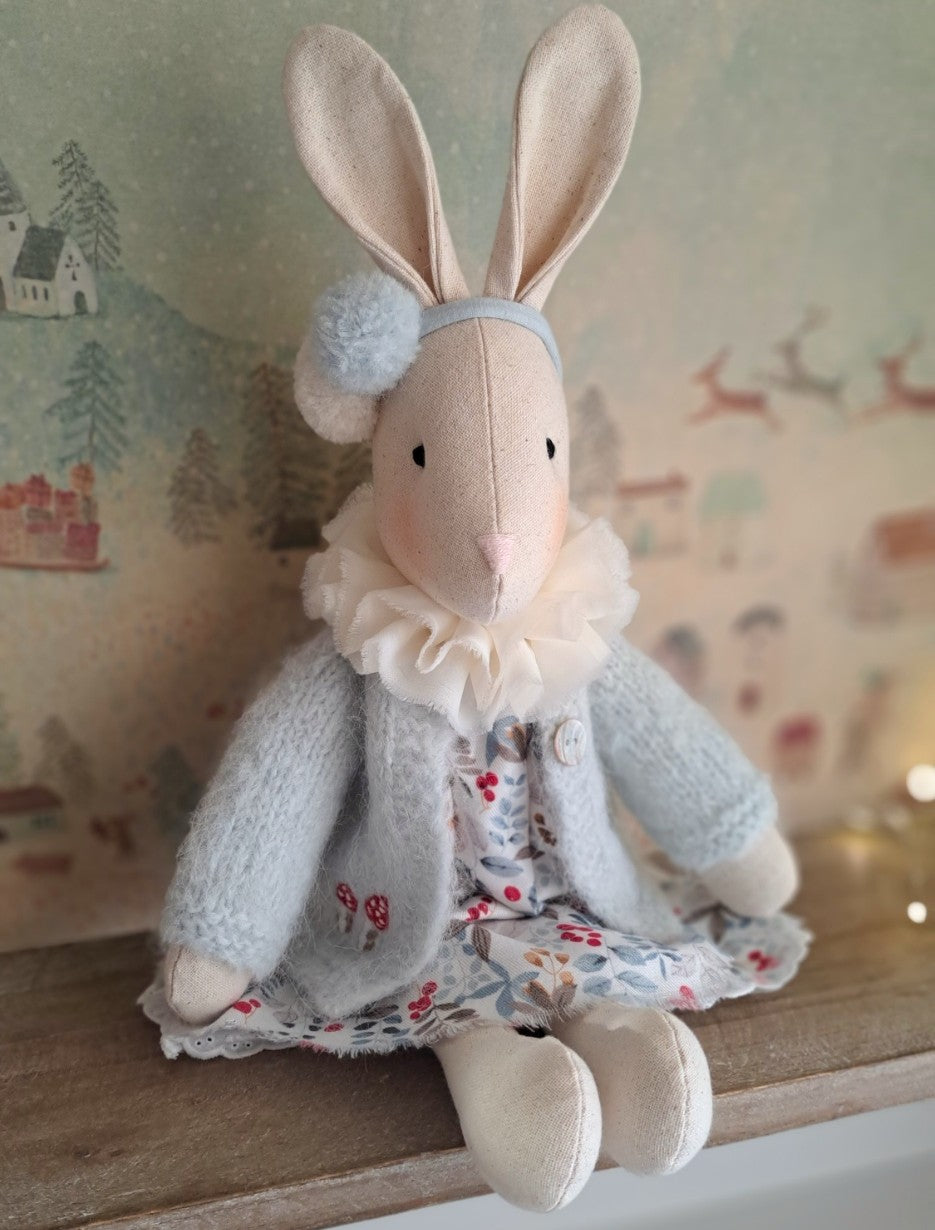 Winter Woodland Veronica Bunny, a handmade heirloom toy with vintage Christmas style and soft festive colours.