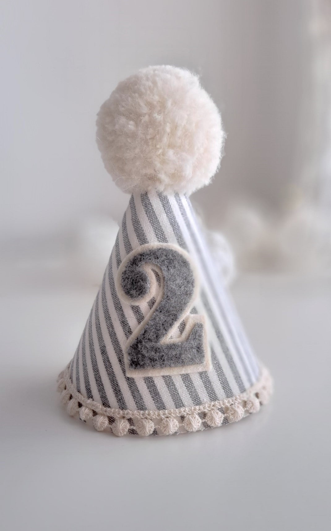 Pompom Birthday Party Hat - Grey and White Pinstripe