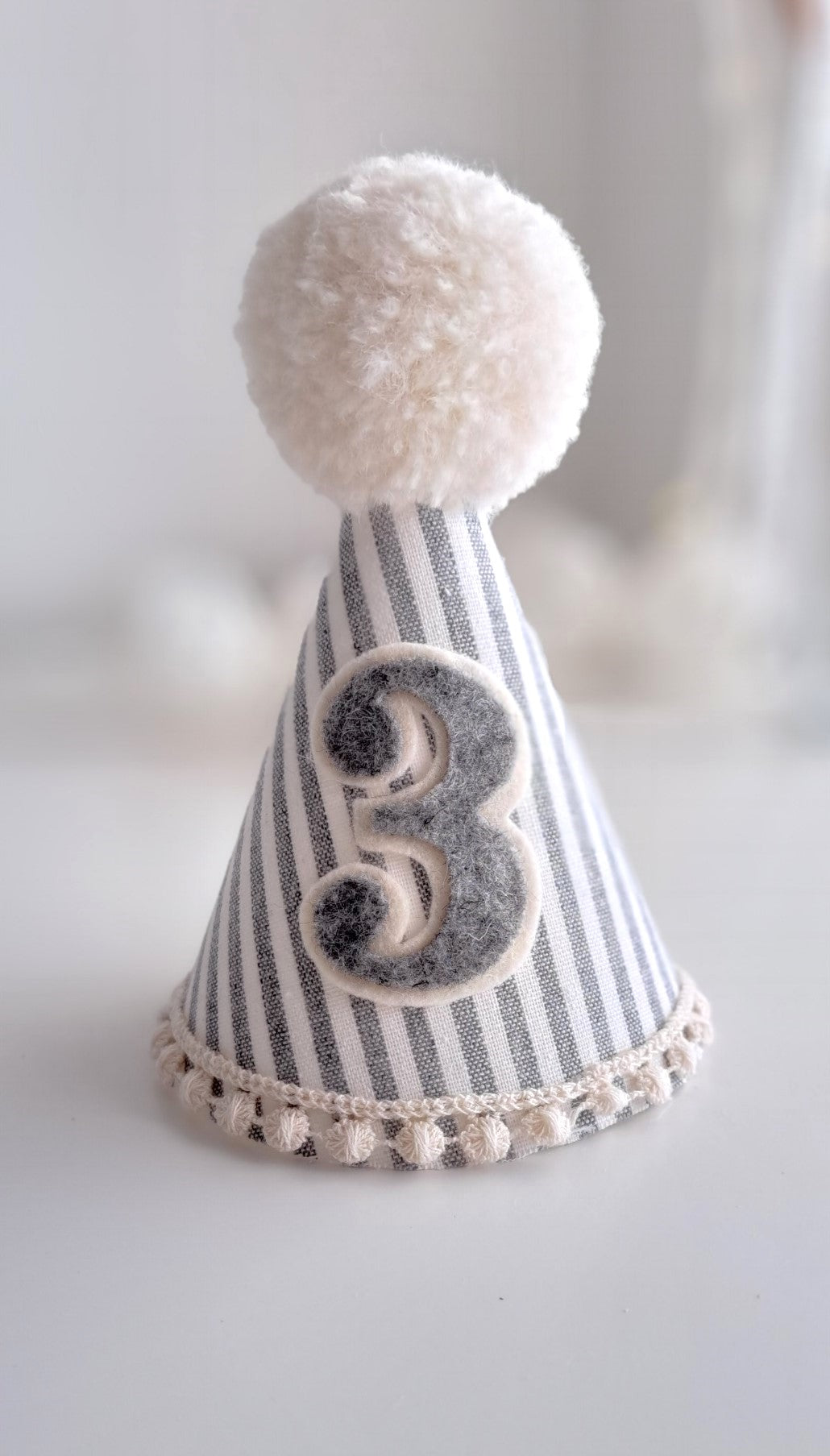 Pompom Birthday Party Hat - Grey and White Pinstripe