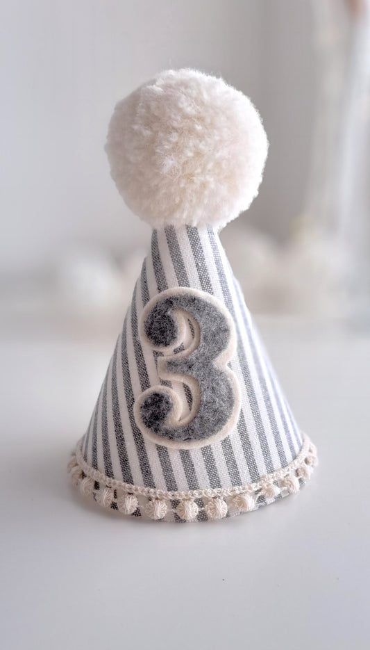 Pompom Birthday Party Hat - Grey and White Pinstripe