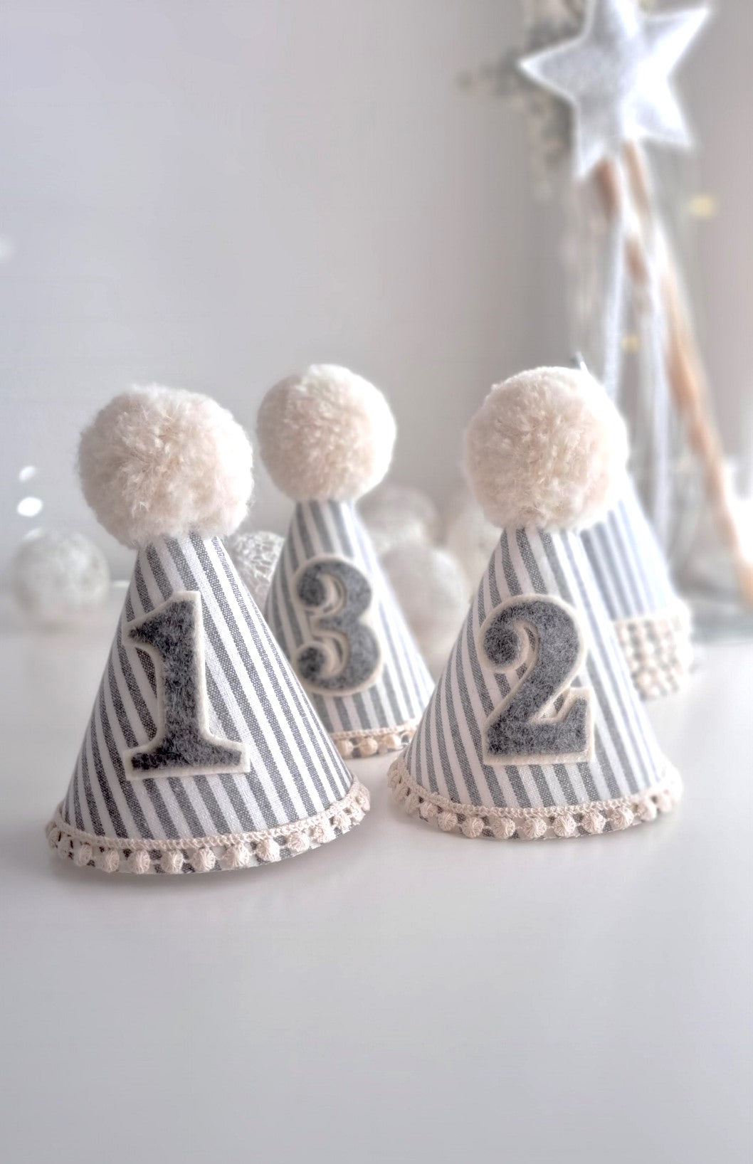 Pompom Birthday Party Hat - Grey and White Pinstripe