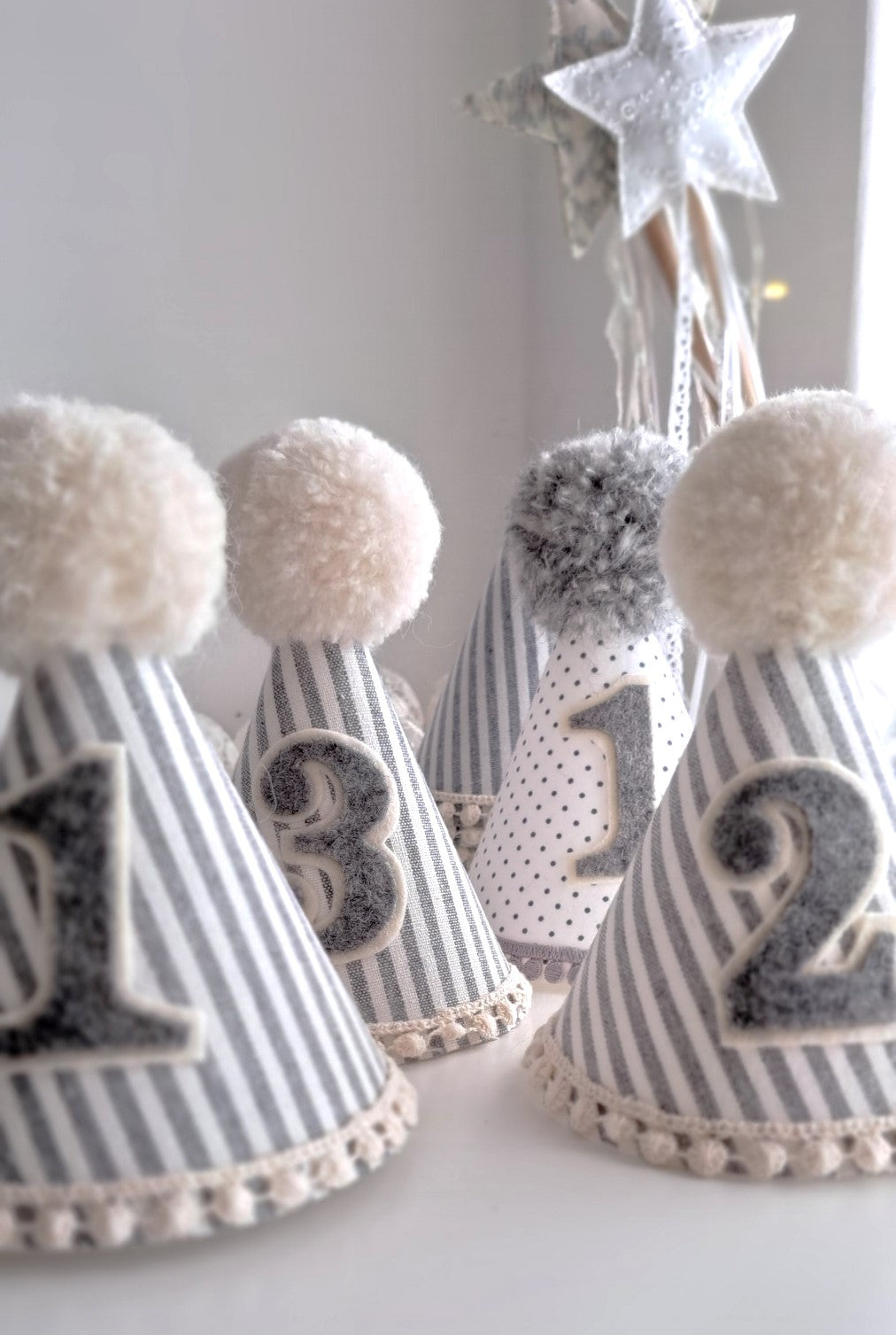 Pompom Birthday Party Hat - Grey and White Pinstripe