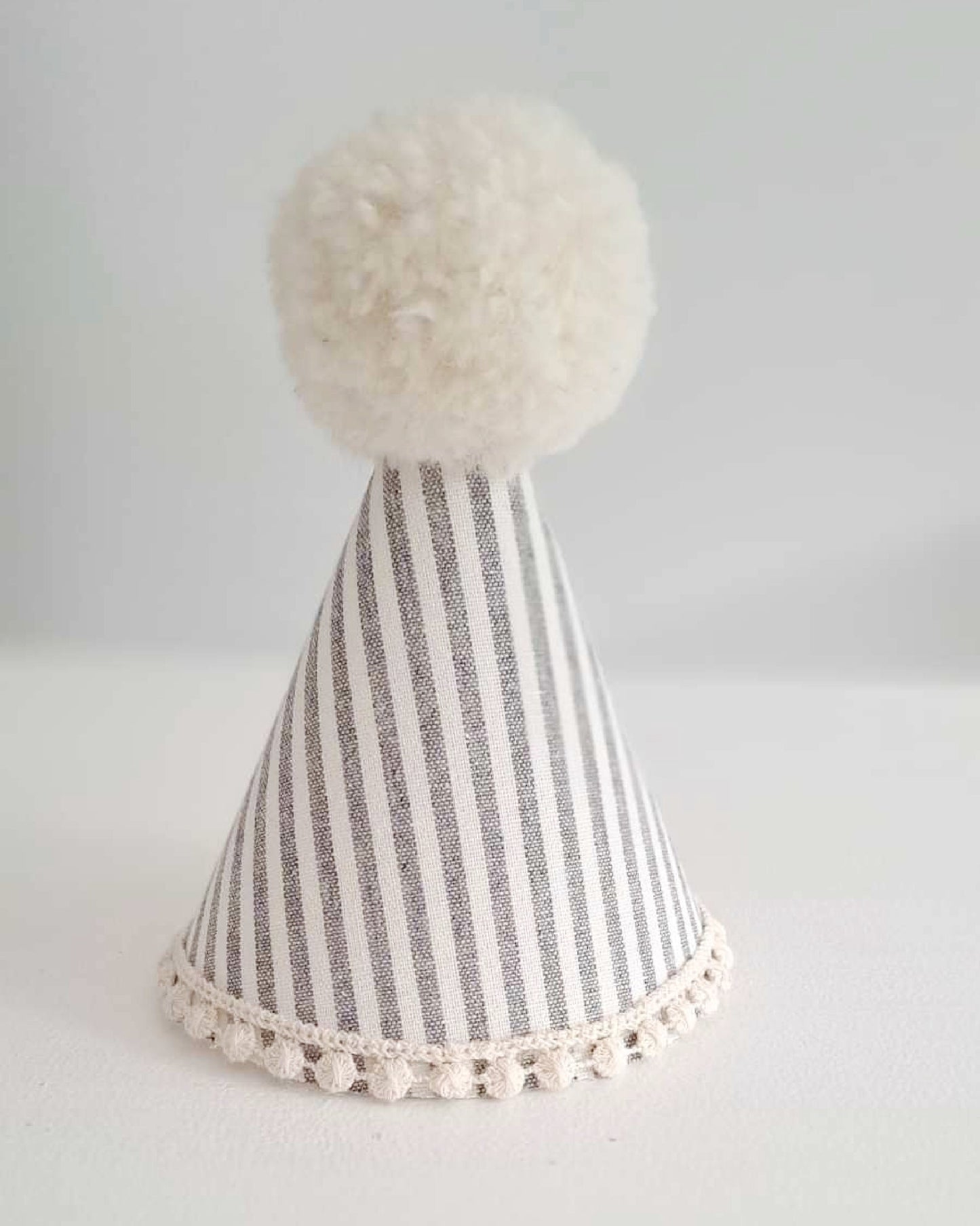 Pompom Birthday Party Hat - Grey and White Pinstripe