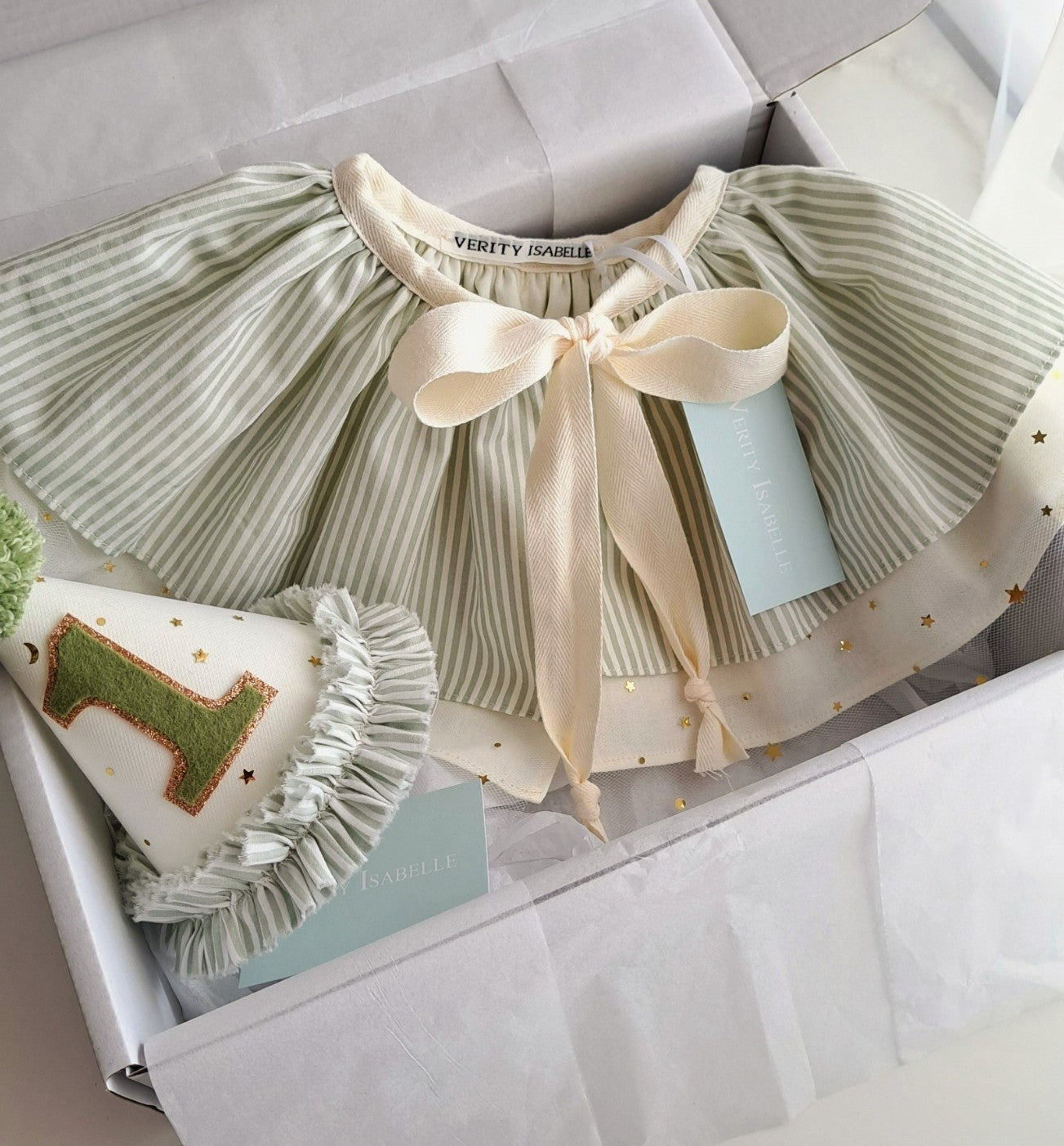 Green Stripe Birthday Hat and Cape Set – Handmade Keepsake for 1st, 2nd or 3rd Birthday