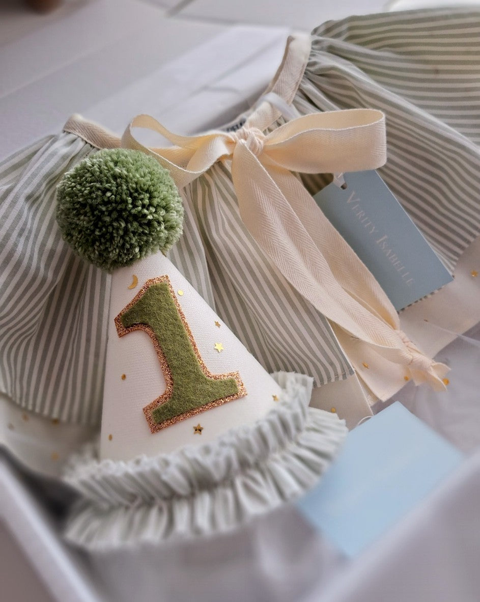 Green Stripe Birthday Hat and Cape Set – Handmade Keepsake for 1st, 2nd or 3rd Birthday