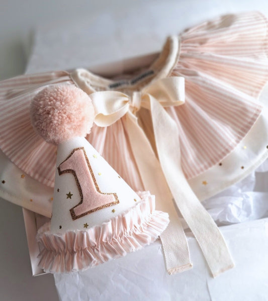Pink birthday cape and matching hat set, designed for milestone celebrations