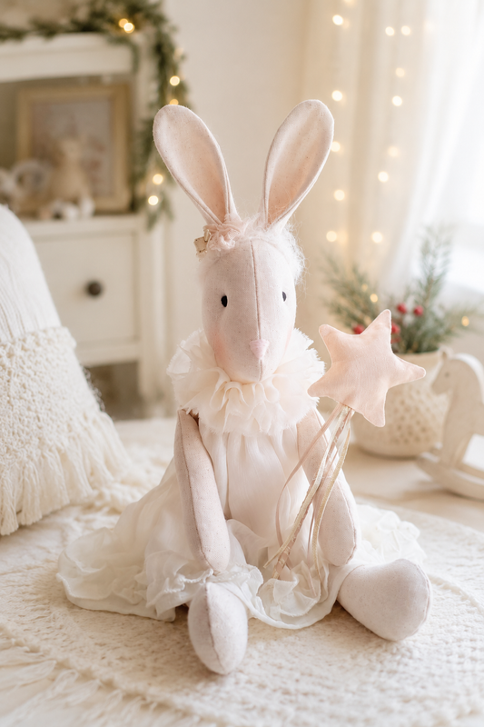 A soft plush angel bunny doll wearing a cream-colored dress and ruffled collar, sitting on a textured blanket and holding a star wand in a cozy, softly lit nursery setting.