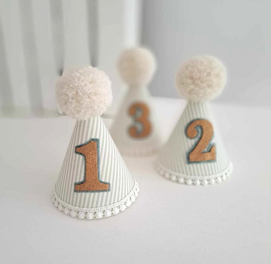 1st Birthday Party Hat, Sage Green and White Pinstripe
