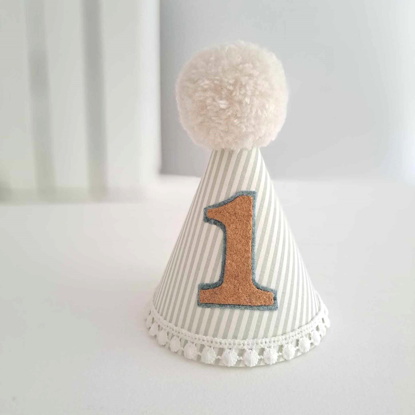 1st Birthday Party Hat, Sage Green and White Pinstripe