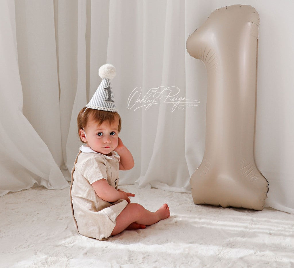 Pompom Birthday Party Hat - Grey and White Pinstripe