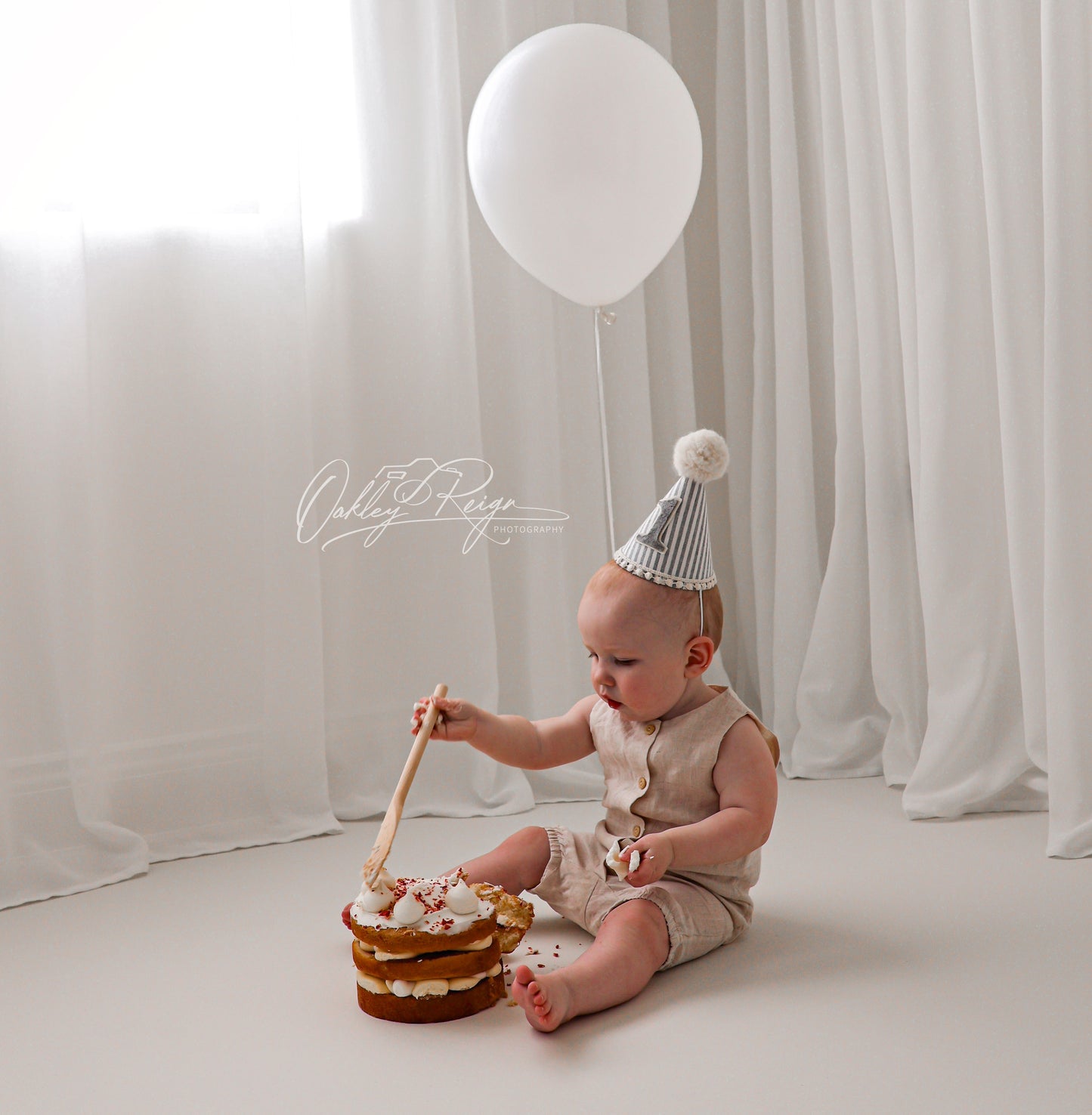 Pompom Birthday Party Hat - Grey and White Pinstripe