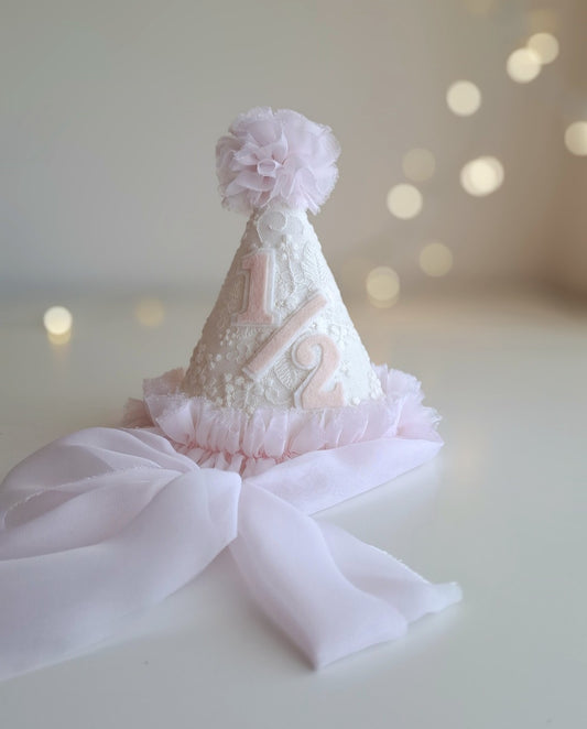 Rosalie White Lace Party Hat with Pink Trim & Flowing Chiffon Ties