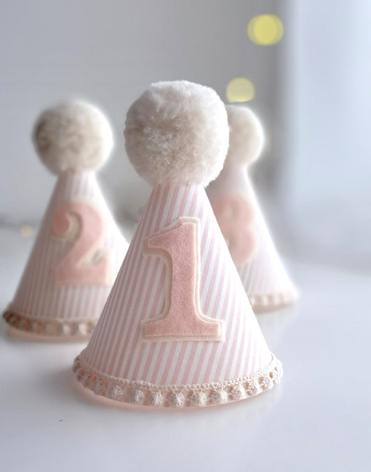 Strawberries and cream, pink and white pinstripe fabric  party hat. Ideal for birthdays, photography shoots and special occasions. Add a number for an extra special treat. 