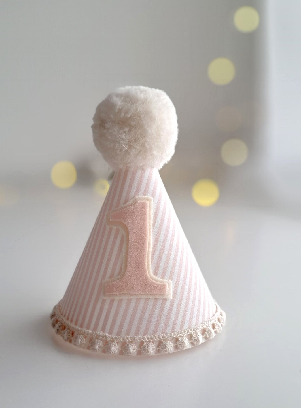 Strawberries and cream, pink and white pinstripe fabric  party hat. Ideal for birthdays, photography shoots and special occasions. Add a number for an extra special treat. 
