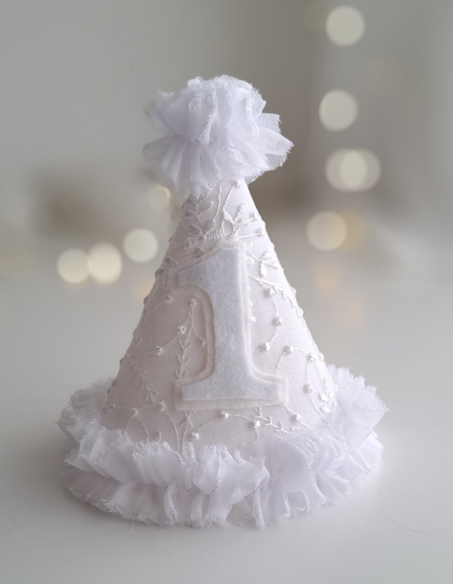 Luna, White Embroidered Lace Party Hat