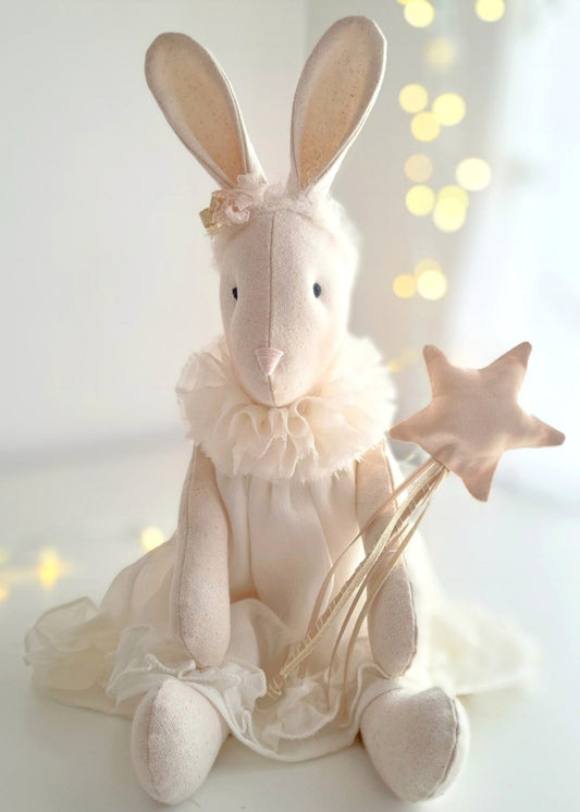 Handmade Angel Veronica Bunny in an ivory chiffon dress, holding a satin star wand, with embroidered face and soft linen body