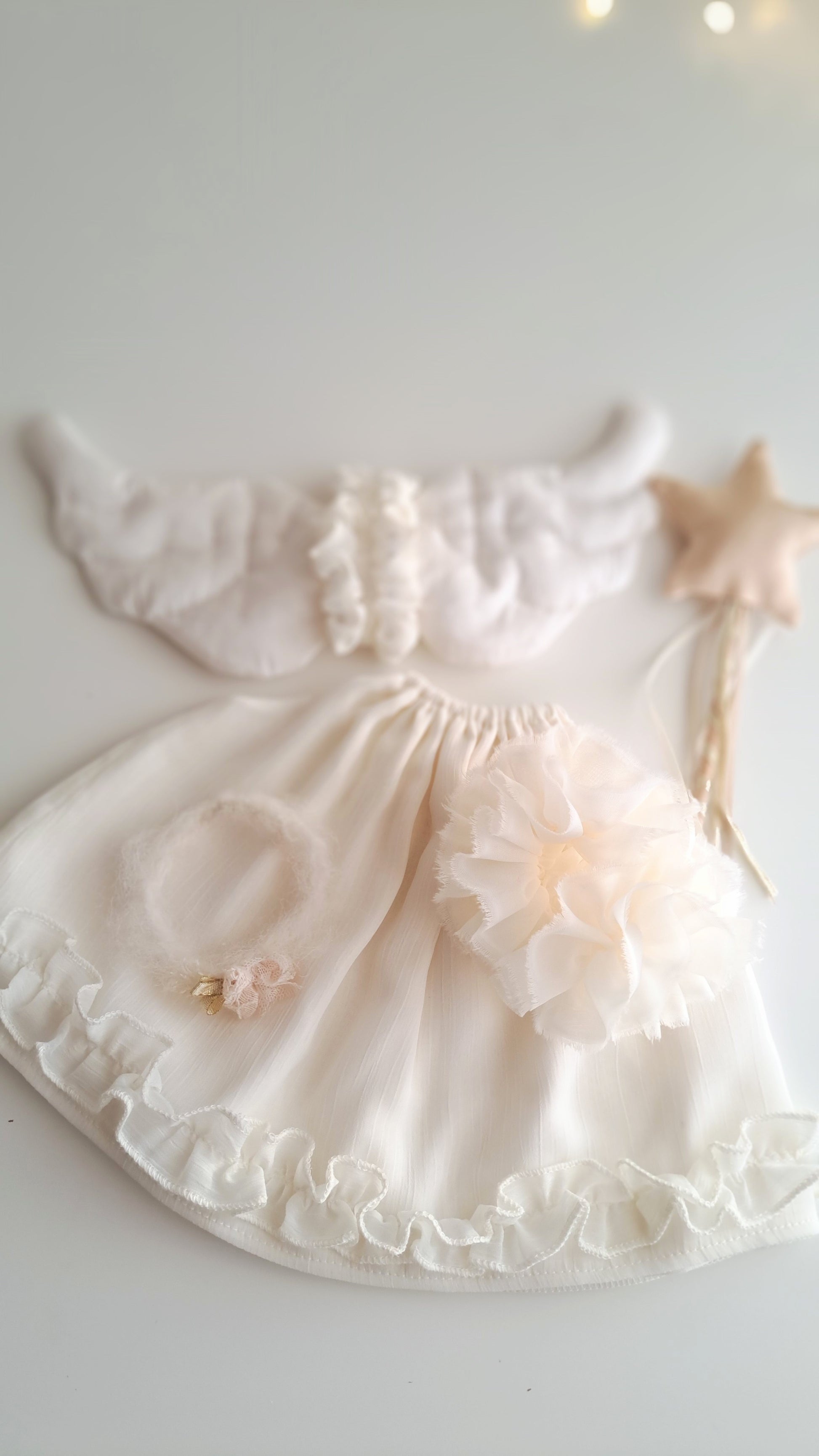 Removable angel bunny clothing including ivory chiffon dress, hand-quilted satin wings and satin star wand for Veronica Bunny
