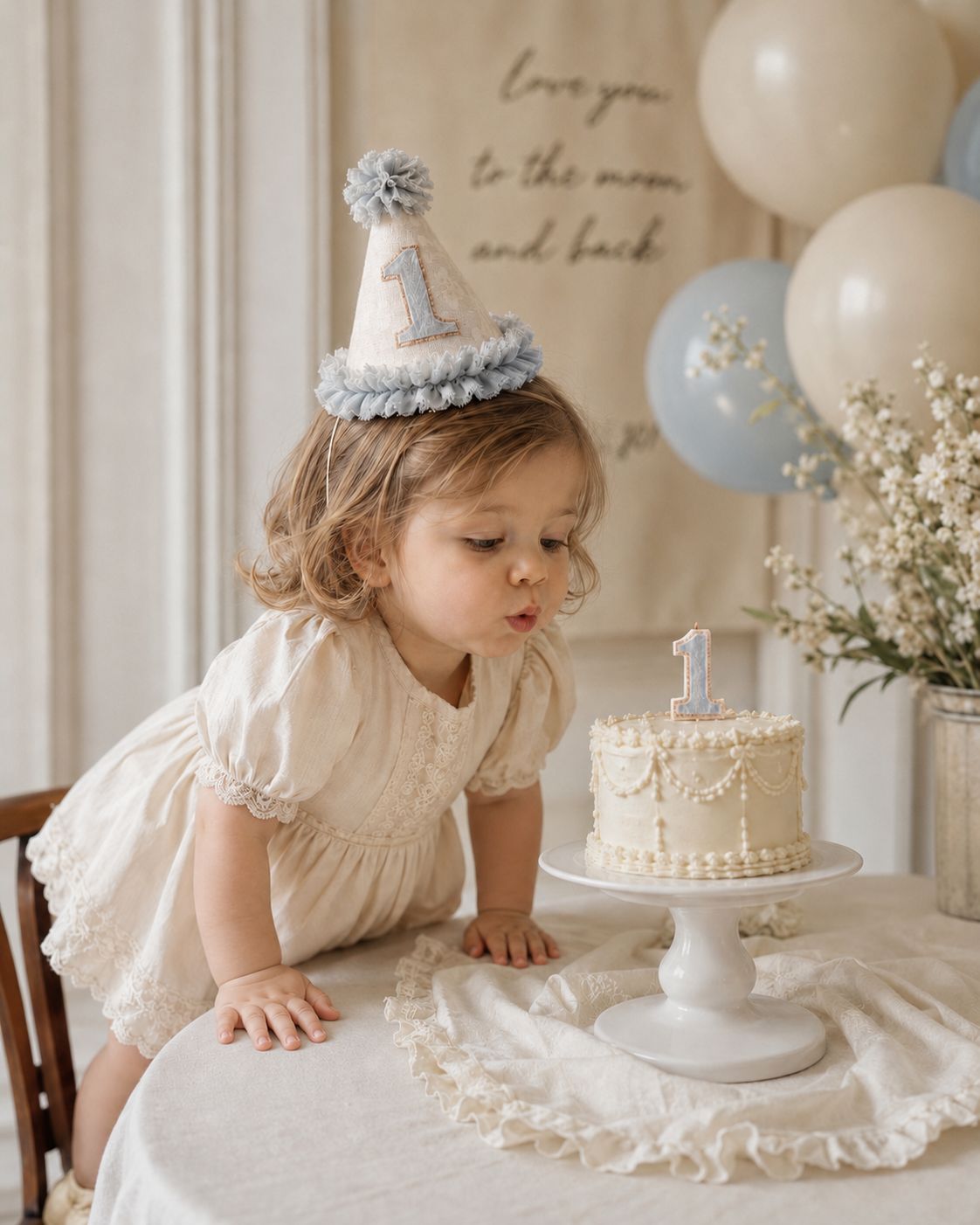 Toddler girl in an ivory dress wearing a dusky blue and cream first birthday party hat, leaning over a table beside a white birthday cake in a soft vintage-style celebration setting.