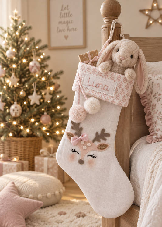 Personalised baby reindeer Christmas stocking hanging on a wooden bed in a soft pink nursery with a bunny toy and Christmas tree.