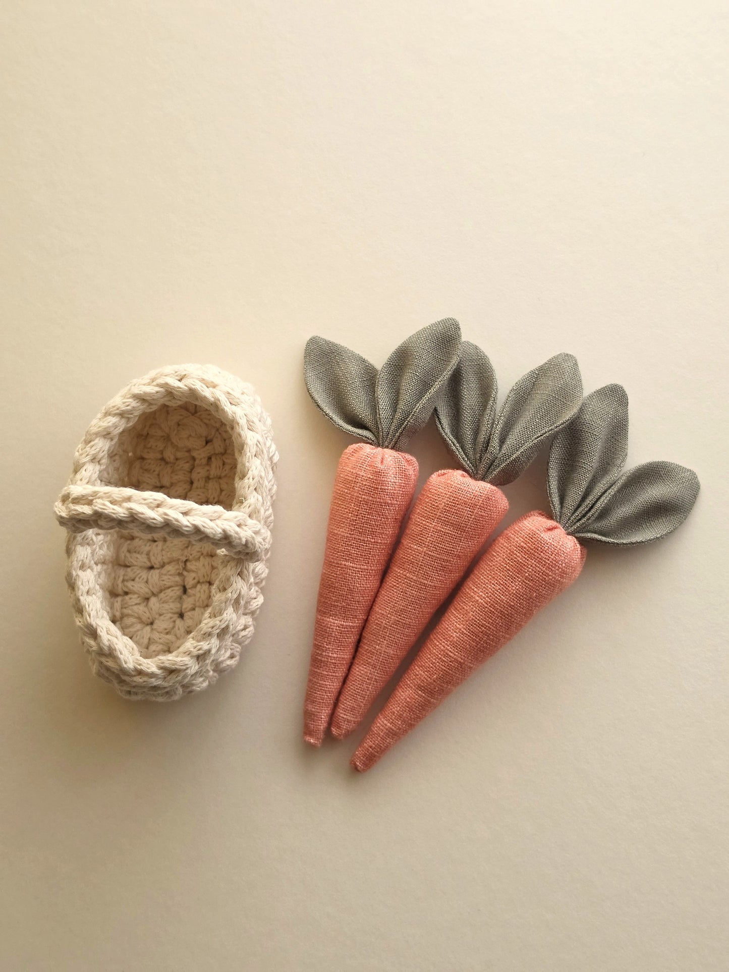 Set of three handmade linen carrots with fabric leaves and a small crocheted basket for pretend play