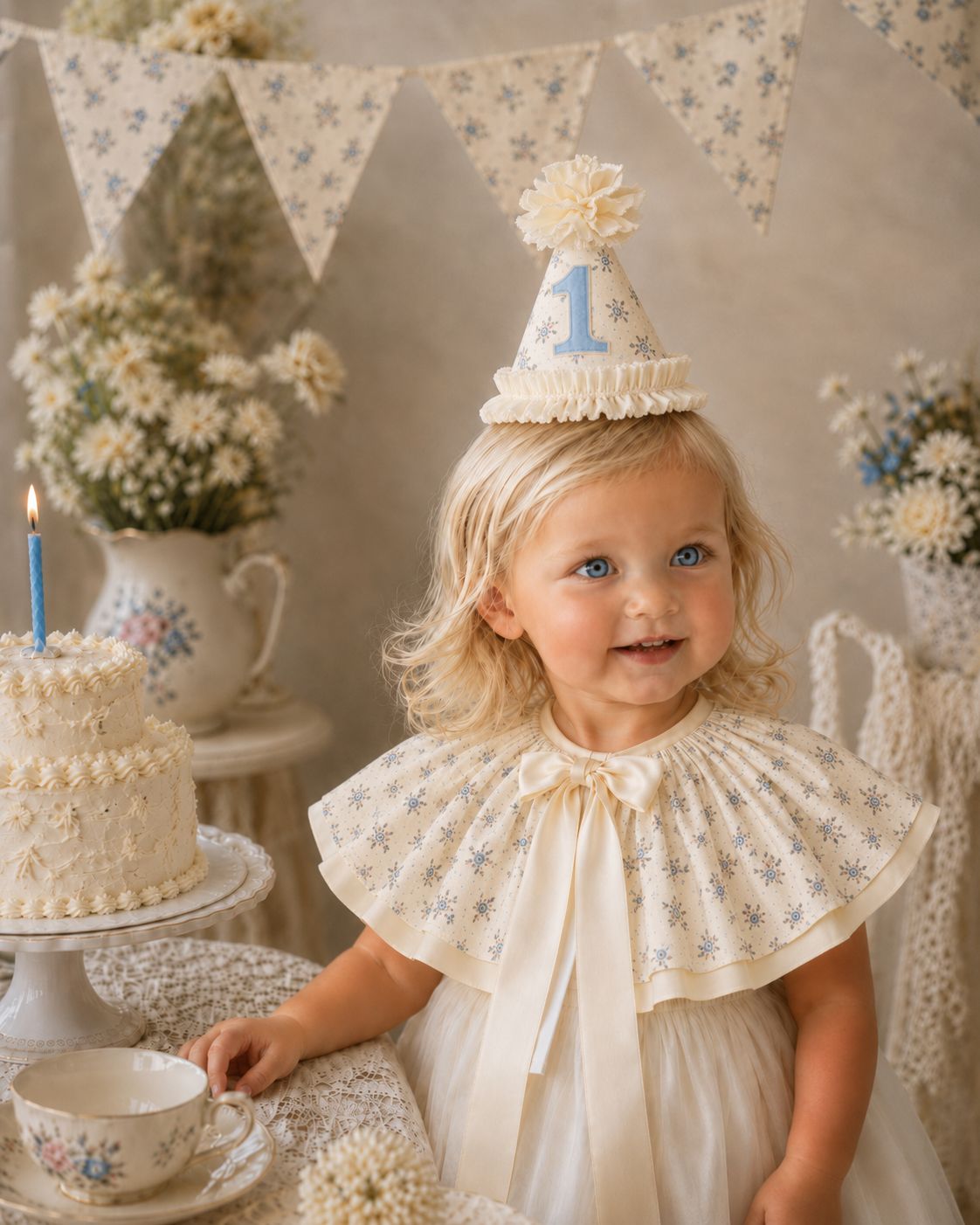 Toddler girl wearing a vintage floral first birthday party hat and matching cape with cream ruffle trim, sitting beside a birthday cake in a soft cream and blue tea party setting.