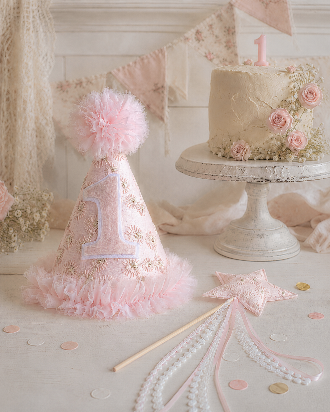 A pink first birthday party decoration set featuring a matching party hat with a fluffy pom-pom and a large number 1, a matching star wand, and a decorated cake on a pedestal stand in a soft, boho-style setting.