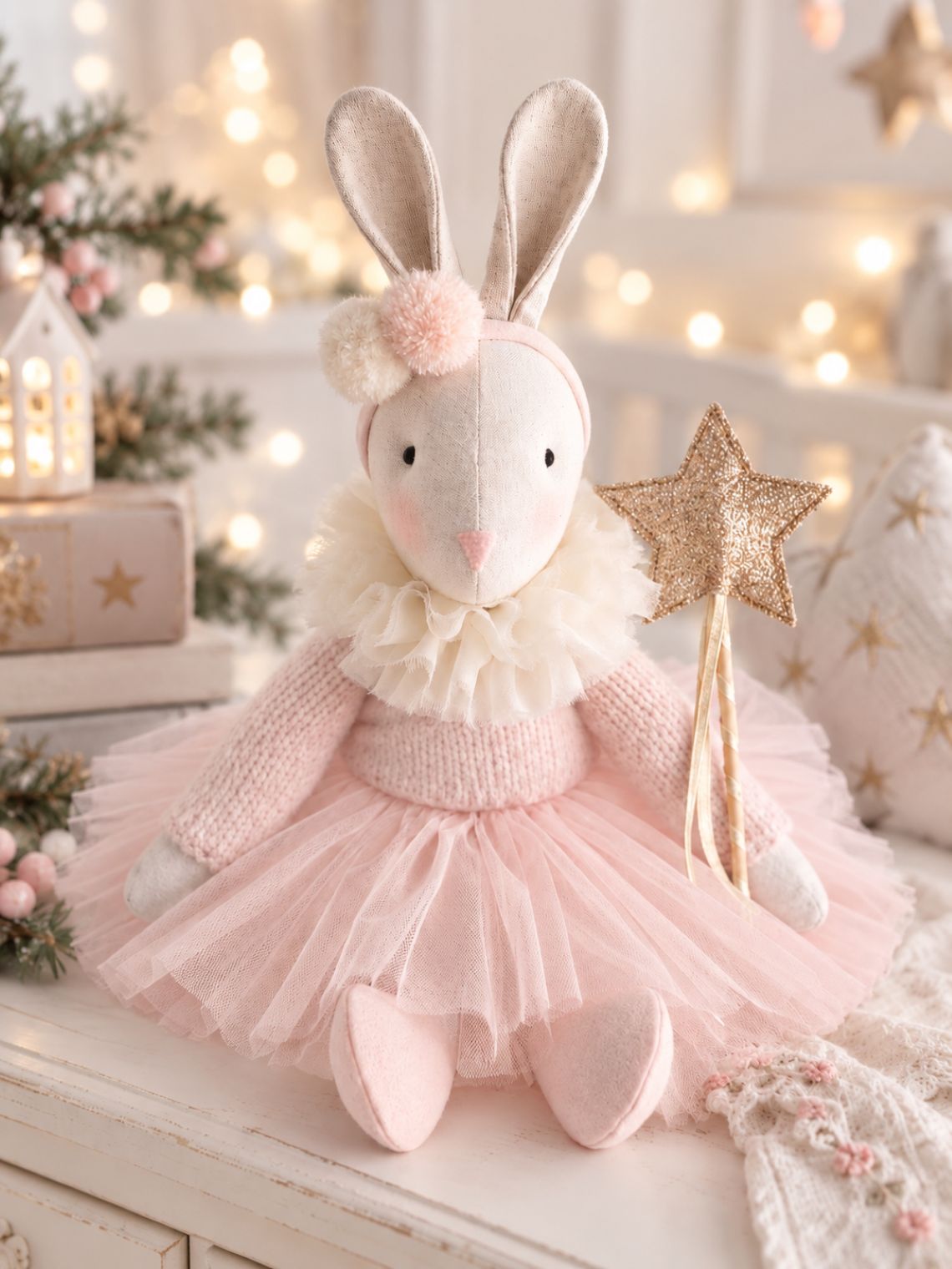 Handmade Verity Ballerina Bunny in a pink tutu, holding a star wand in a softly lit Christmas nursery.