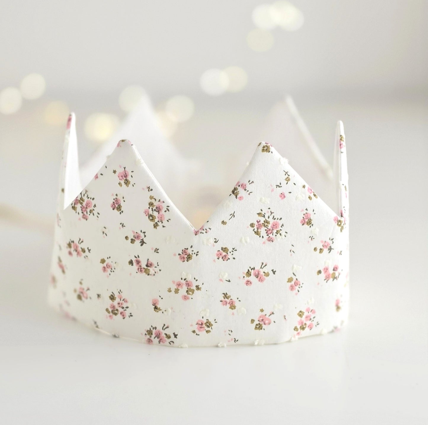 Ditsy floral handmade birthday crown in ivory fabric with pink rose print, By Verity Isabelle