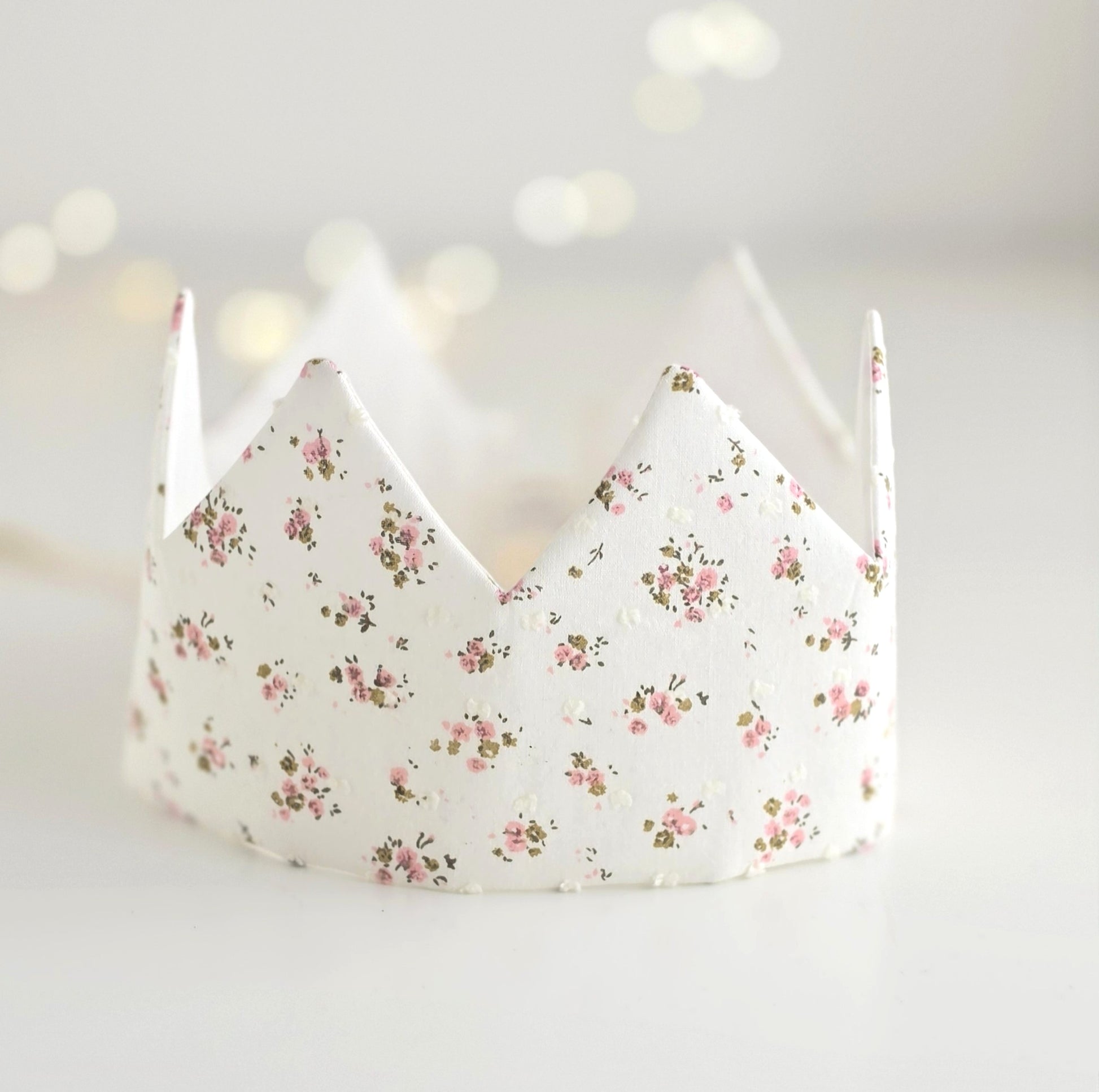 Ditsy floral handmade birthday crown in ivory fabric with pink rose print, By Verity Isabelle