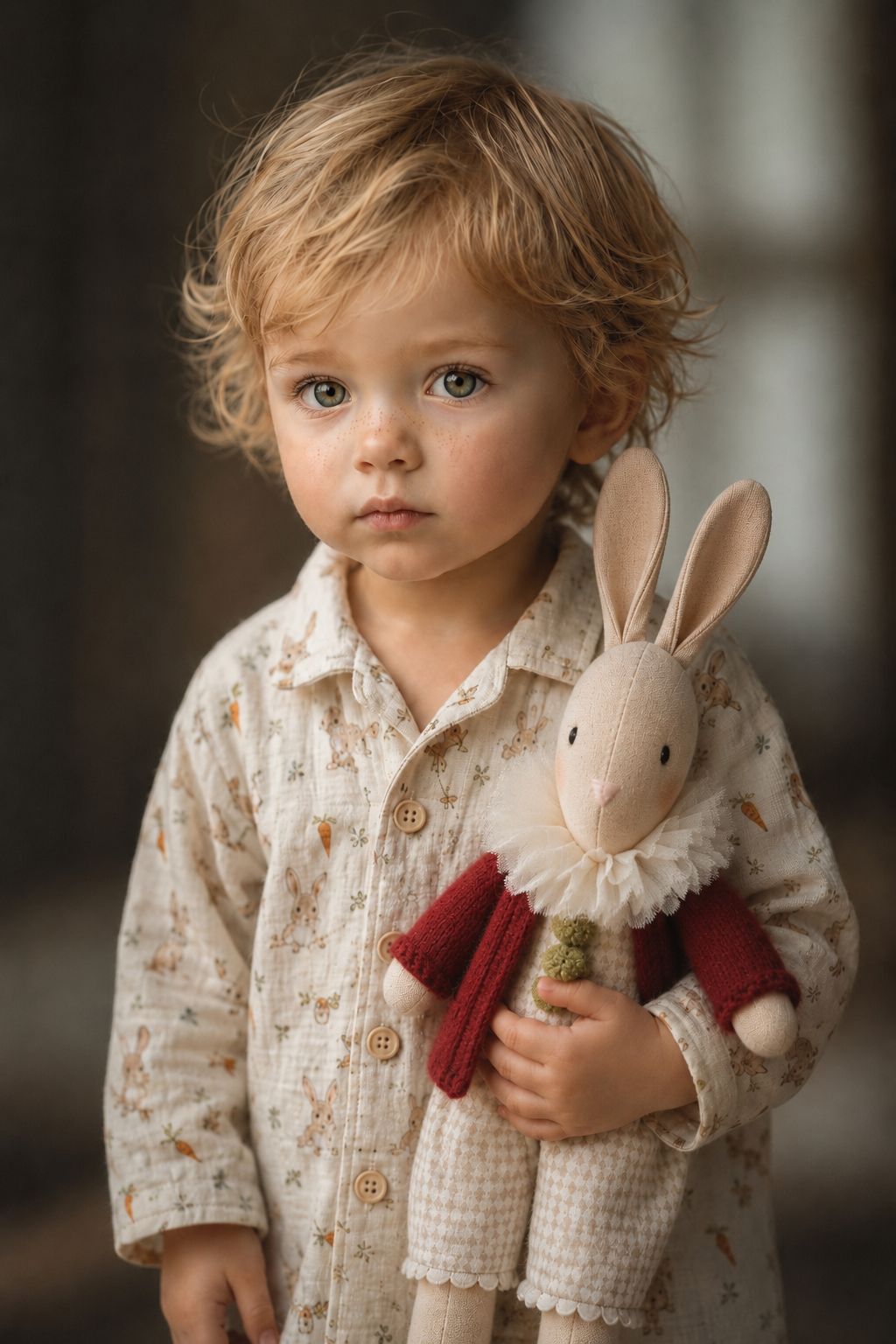 Young boy with pale sandy hair holding Gerald Bunny by Verity Isabelle, a handmade linen rabbit doll dressed in a red knitted cardigan, ruffle collar and vintage style trousers.