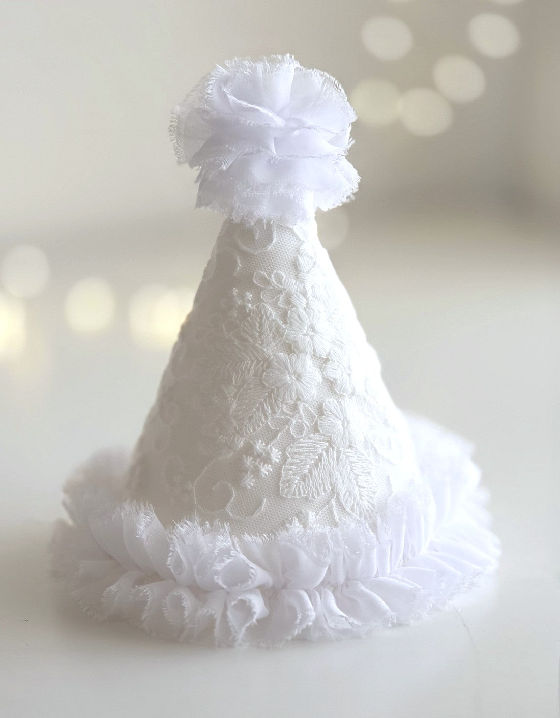 White lace and linen party hat with soft frill trim and chiffon pompom, handmade heirloom birthday hat for babies and toddlers
