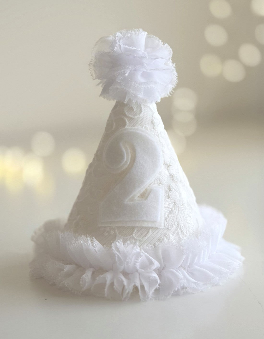 White lace second birthday party hat with number 2, handmade linen baby hat with embroidered lace and frill edge