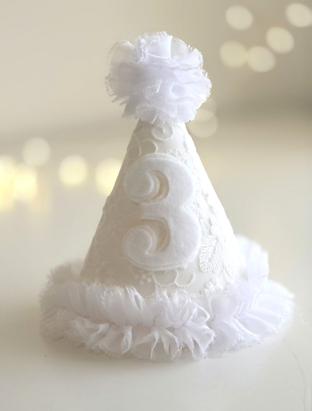 White lace third birthday party hat with number 3, handmade linen and lace toddler birthday hat with soft ruffle trim