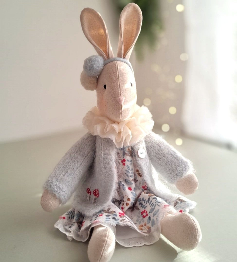 Winter Woodland Veronica Bunny, a handmade heirloom toy with vintage Christmas style and soft festive colours.
